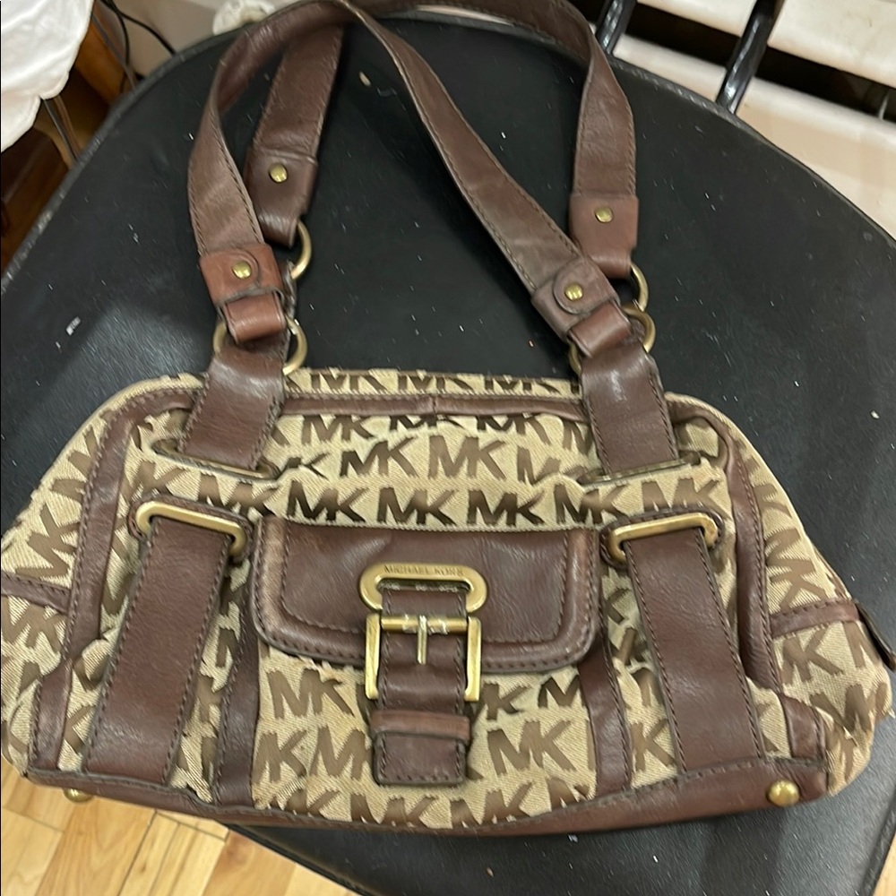 Michael Kors Brown and Tan Shoulder Bag with Gold Hardware